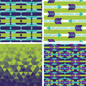以紫色蓝色和绿色颜排列的一组几何无缝和图片