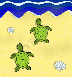 绿壳土鸡蛋走向大海的两只绿海龟插画