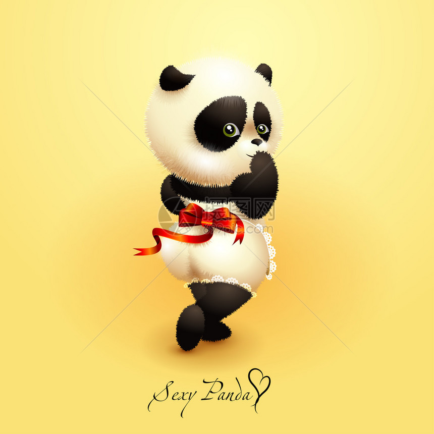 可爱的熊猫站在黄色背景上体积卡通熊猫熊猫背上有蝴蝶结熊猫围裙感熊猫熊猫女孩穿着花边丝袜的熊猫熊猫把图片