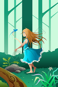 说明小女孩在森林里玩鸟的矢量插图背景图片