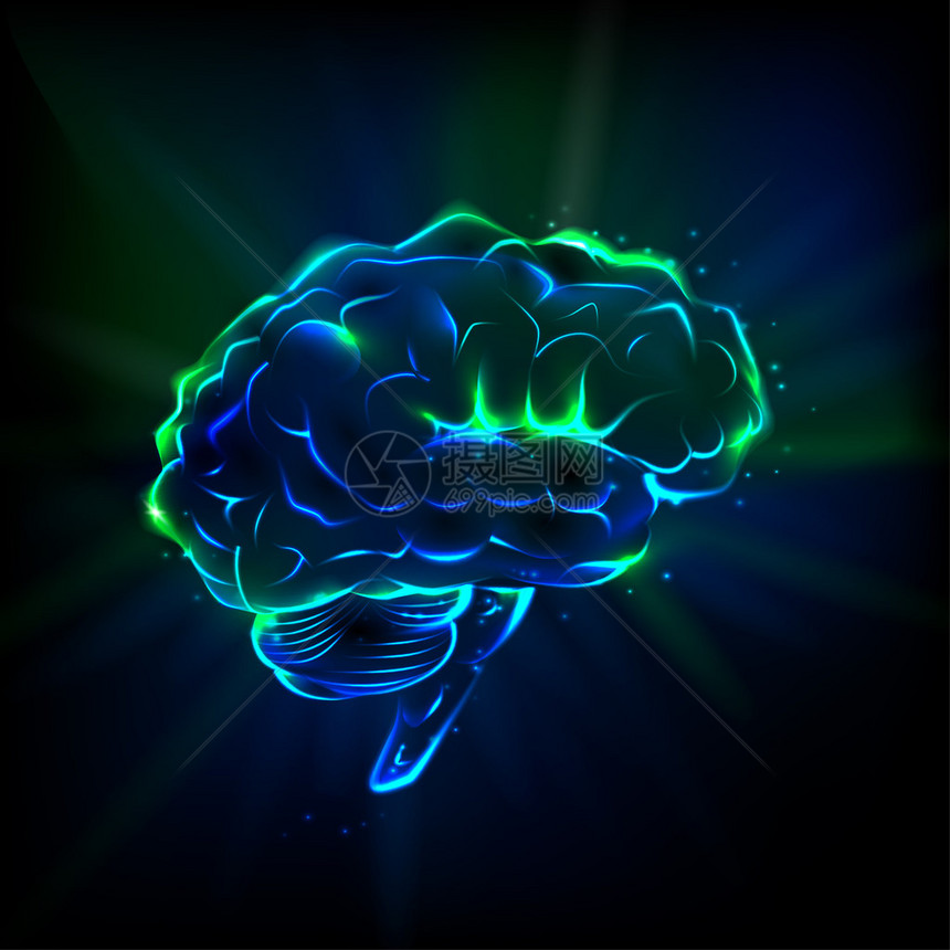 脑部在黑暗背景上闪耀大脑从蓝色和绿色中点燃图片