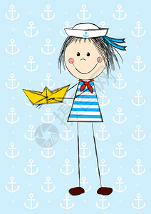 有纸船的风趣水手女孩插画