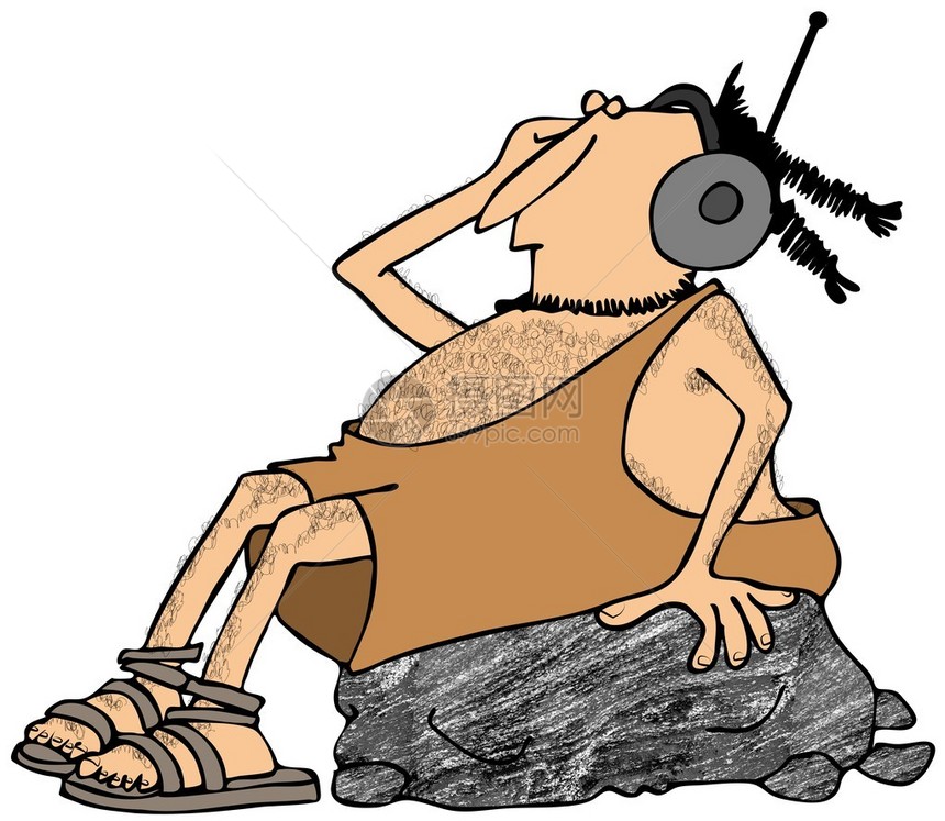 这个插图描绘了一位穴居人坐在大岩石上图片