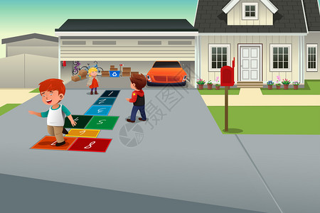 矢量说明儿童在郊区住宅的车道上玩跳图片