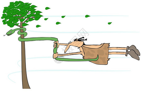这个插图描述了一个穴居人在一个高风中吹着侧道抱着一条缠绕图片