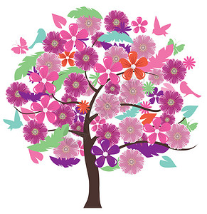 矢量花卉树与鸟蝴蝶背景图片