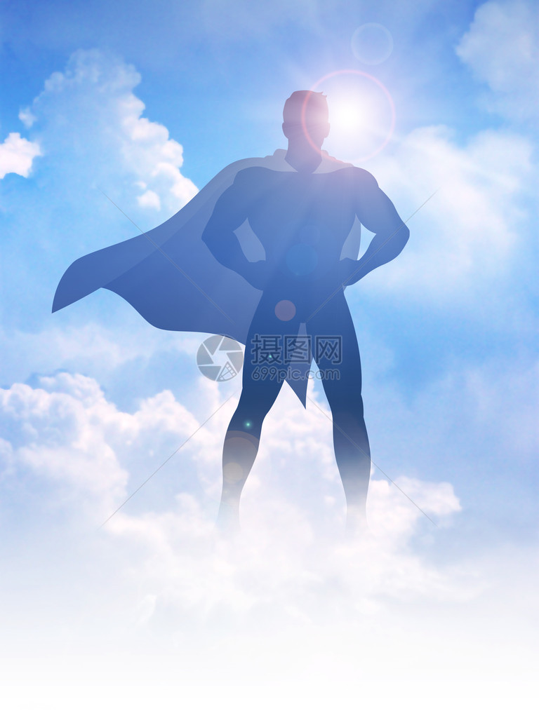 云彩背景上的超级英雄的图片