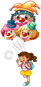 一个快乐的女孩拿着小丑气球站在白色背图片