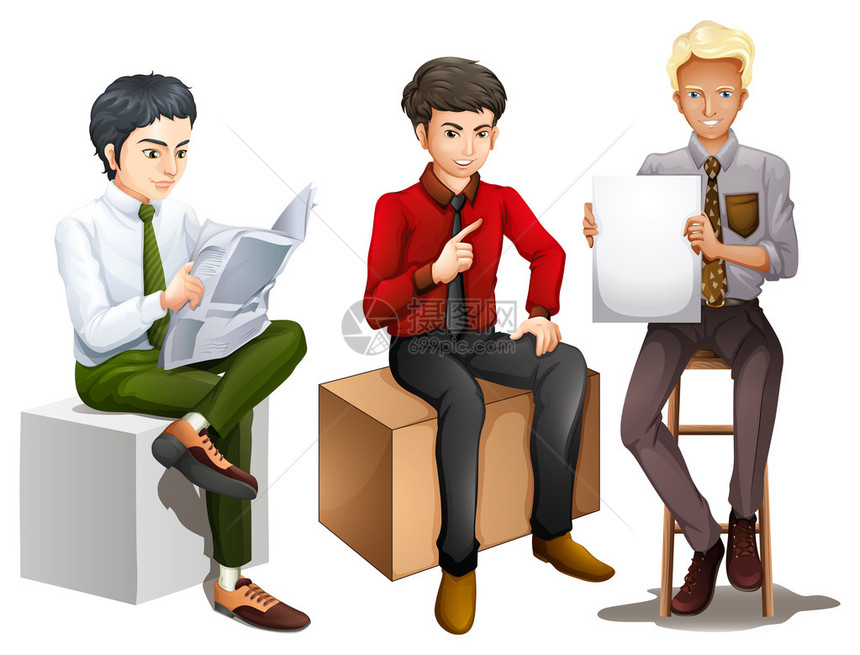 三个男子在阅读说话和持有白色背景的空板时坐下来静坐的插图图片