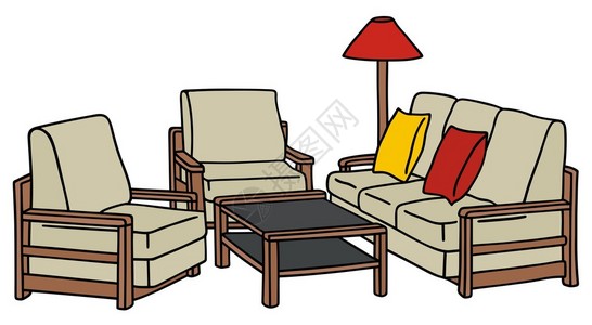 一张沙发和两把扶手椅的手绘图图片