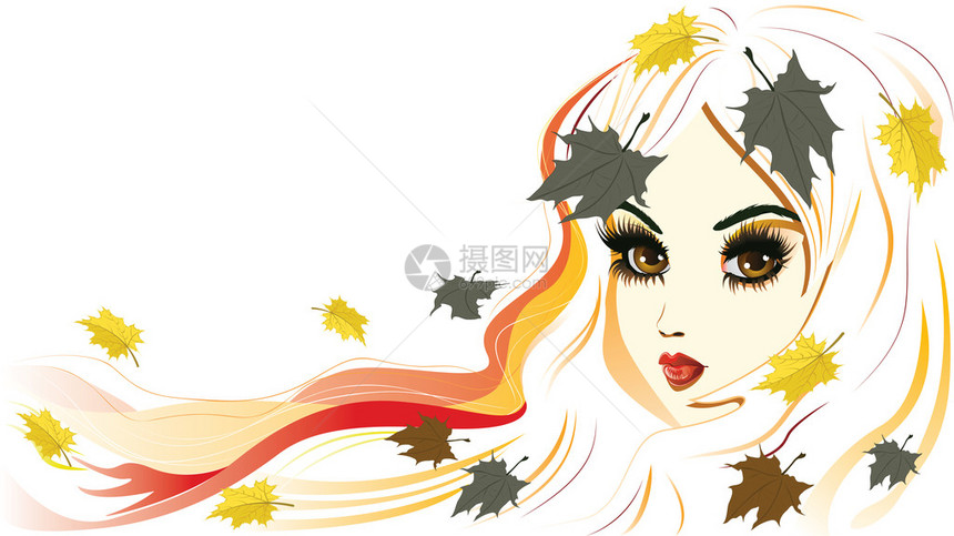 抽象的秋姑娘白发枫叶图片