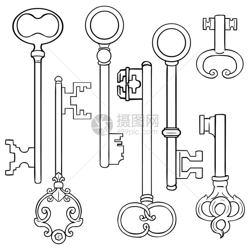 线稿古董钥匙套装图片