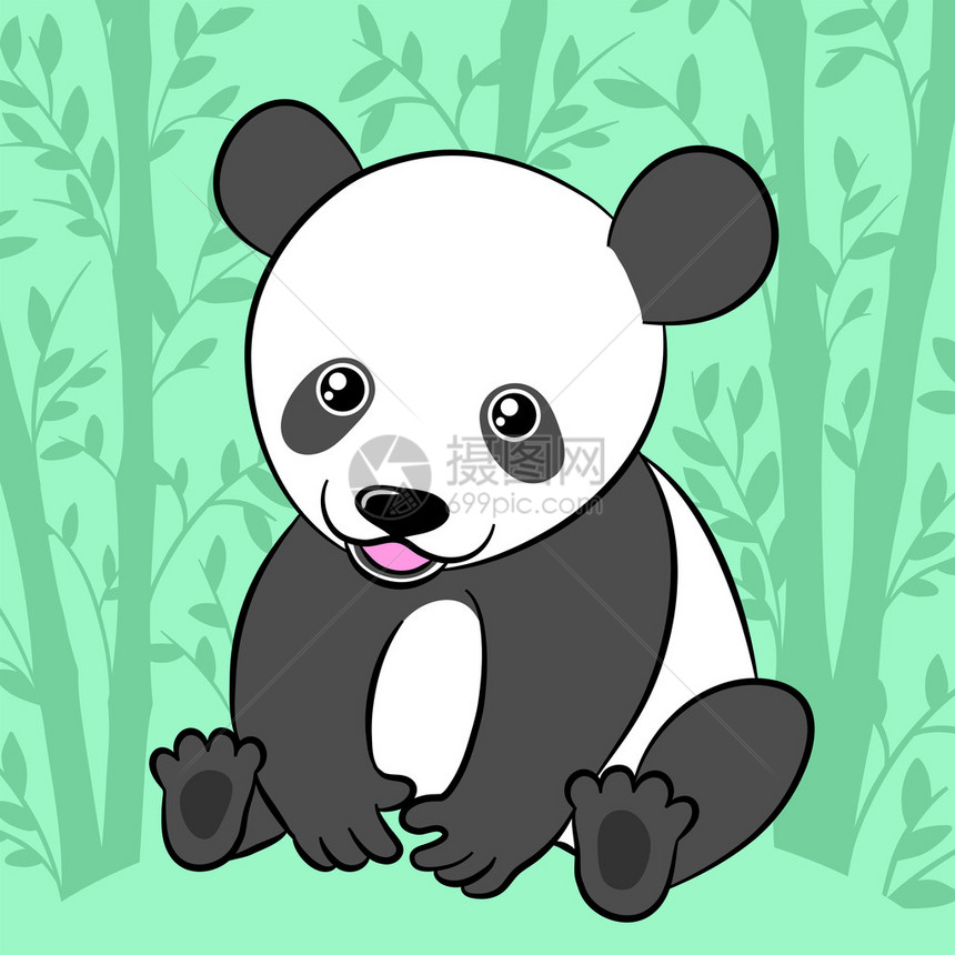 可爱的卡通熊猫坐在地上微笑图片