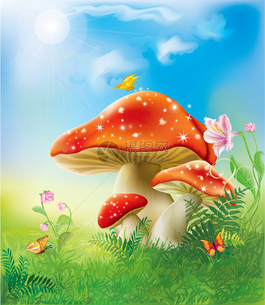 在草和花的红色飞木耳蘑菇图片
