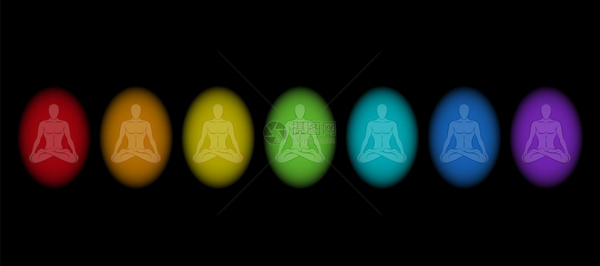 一个人在瑜伽姿势中冥想时的不同光圈颜色在黑色背景上孤立图片