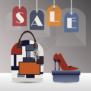 SALE挂标签时髦的女钱包和鞋盒上背景图片