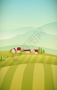 带田野的小村庄景观的矢量图解背景图片
