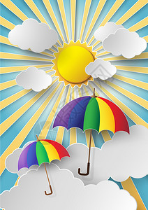 五颜六色的伞在阳光的照耀下高飘扬图片