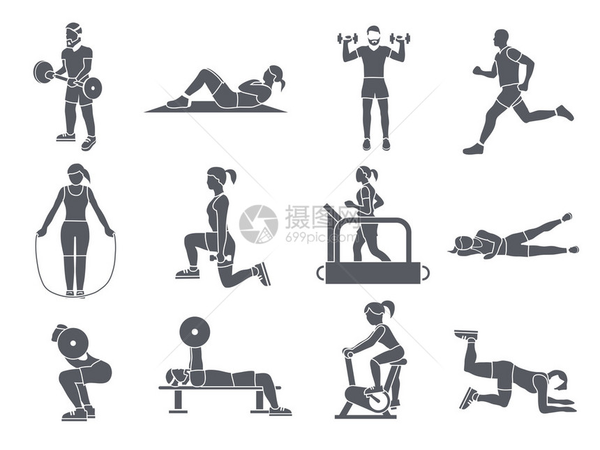 Gym体育锻炼健身体重减瘦和健康生活方式图标图片