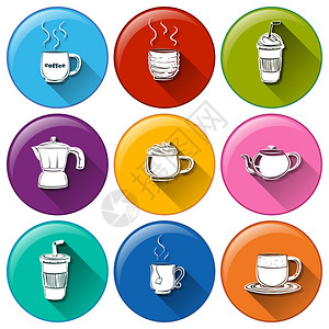 白色背景的咖啡和茶叶圆形图标图片
