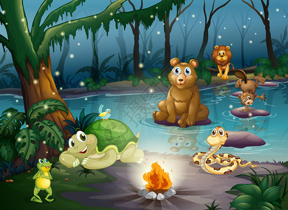 许多动物在篝火旁的插图图片