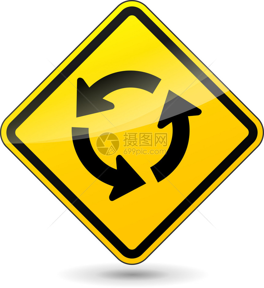 白色背景上环形交叉路口黄色标志的矢量插图图片