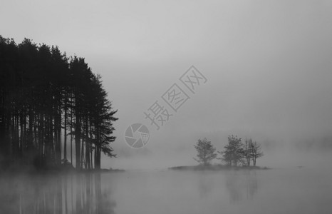 秋天日出中的黑白抽象雾湖图片