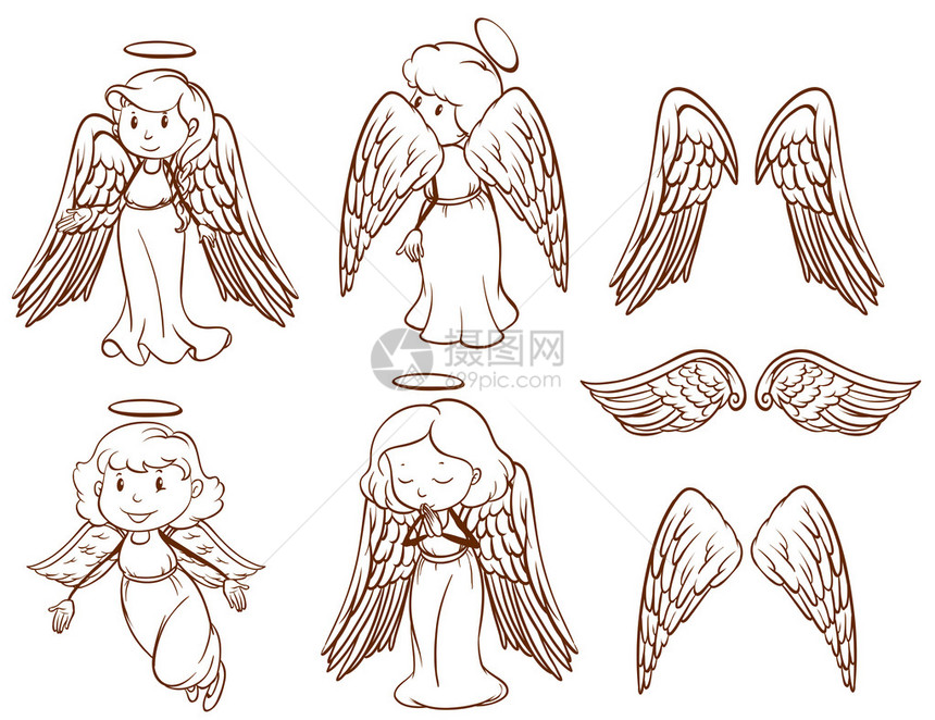 展示天使的简单草图及其翅膀在白色背景上图片