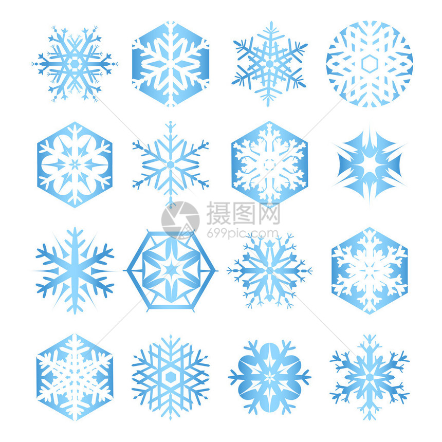 16个不同形状的蓝色雪花的集合图片