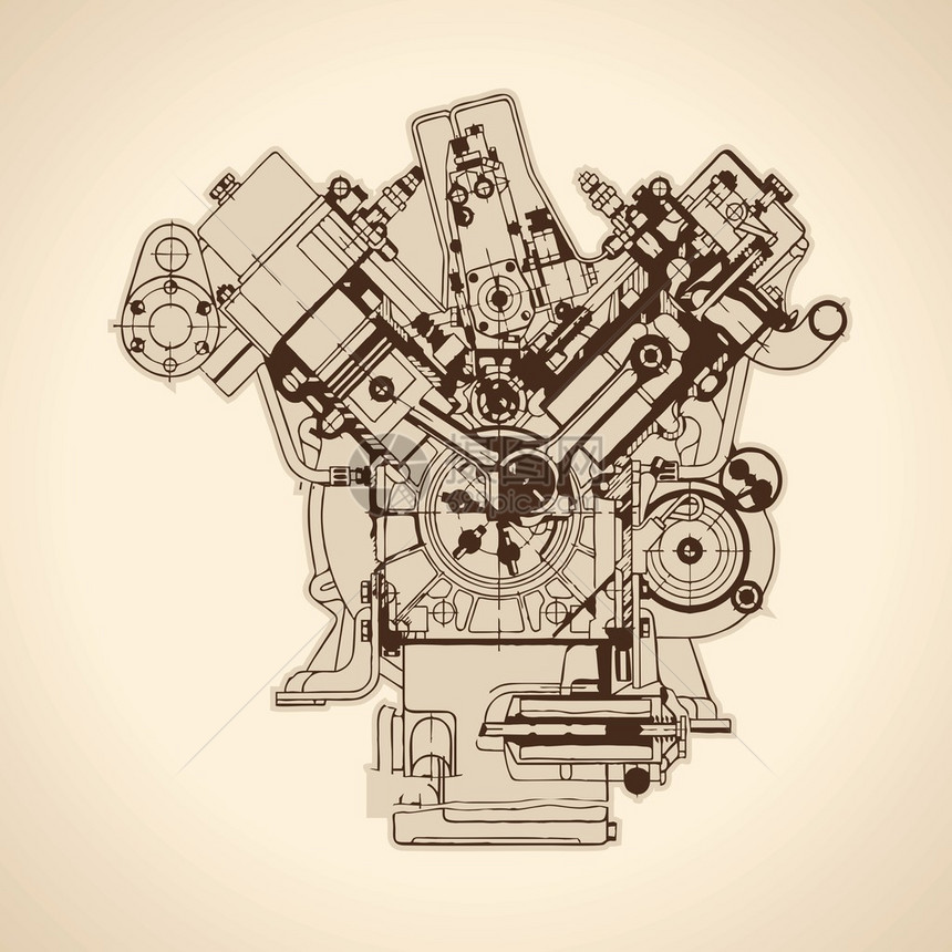 旧内燃机绘图向量图片