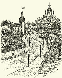 Broom上理查德城堡的旧街城市风景矢量单色草图图片