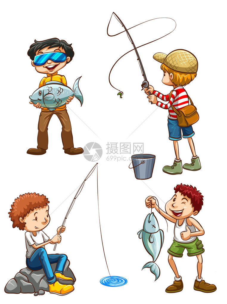 在白色背景上钓鱼的男人素描的插图图片