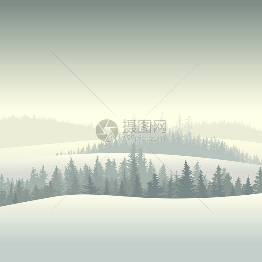 下雪的早晨针叶林山谷的矢量图解图片