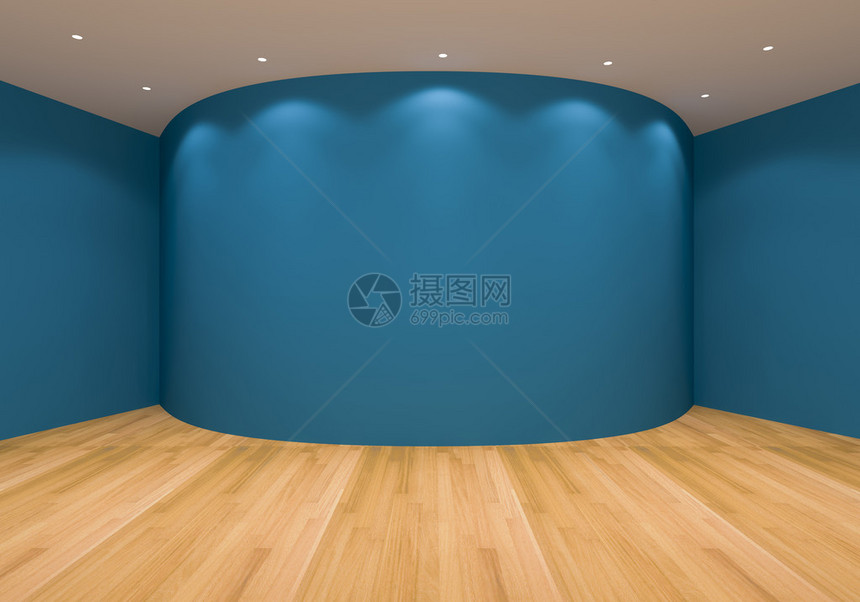 有木地板的空蓝色曲线室图片