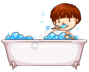 巴氏刷牙法说明一个男孩在白色背景下洗澡的插画