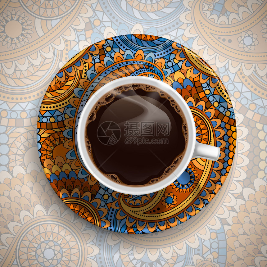 杯子加新鲜热咖啡在豪华的油漆碟和圆形背景图片