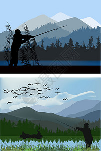 插图与山附近的渔夫剪影图片