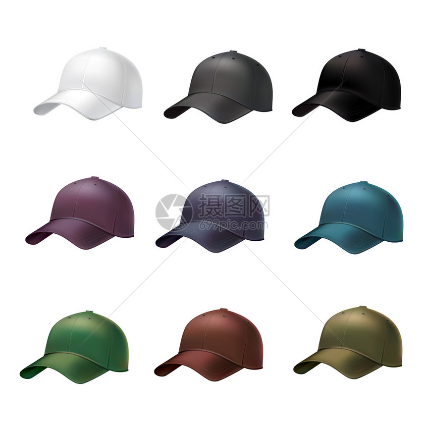 现实的侧面观不同颜色的棒球帽装饰图标图片