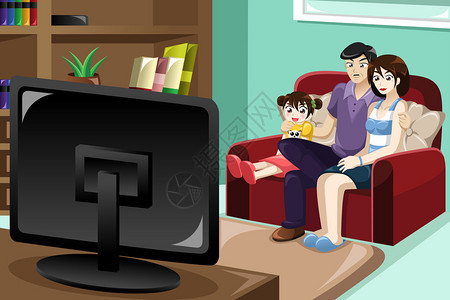 快乐家庭一起看电视的矢量插图Obje图片