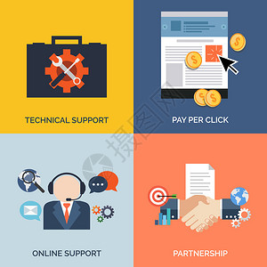 业务的平面设计概念图标集技术支持按点击付费在线支持和合作伙伴图片