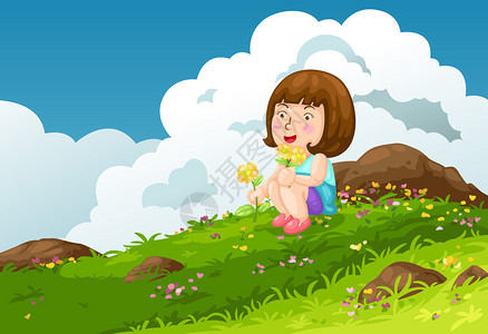 女孩与花山风景背矢量的插图图片