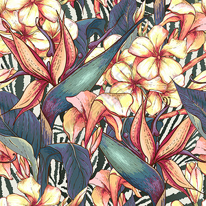 热带无缝模式花朵印在豹形印刷背景上图片
