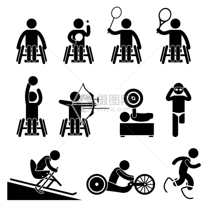 一组代表残奥会残疾游戏障碍运动的人体象形图图片