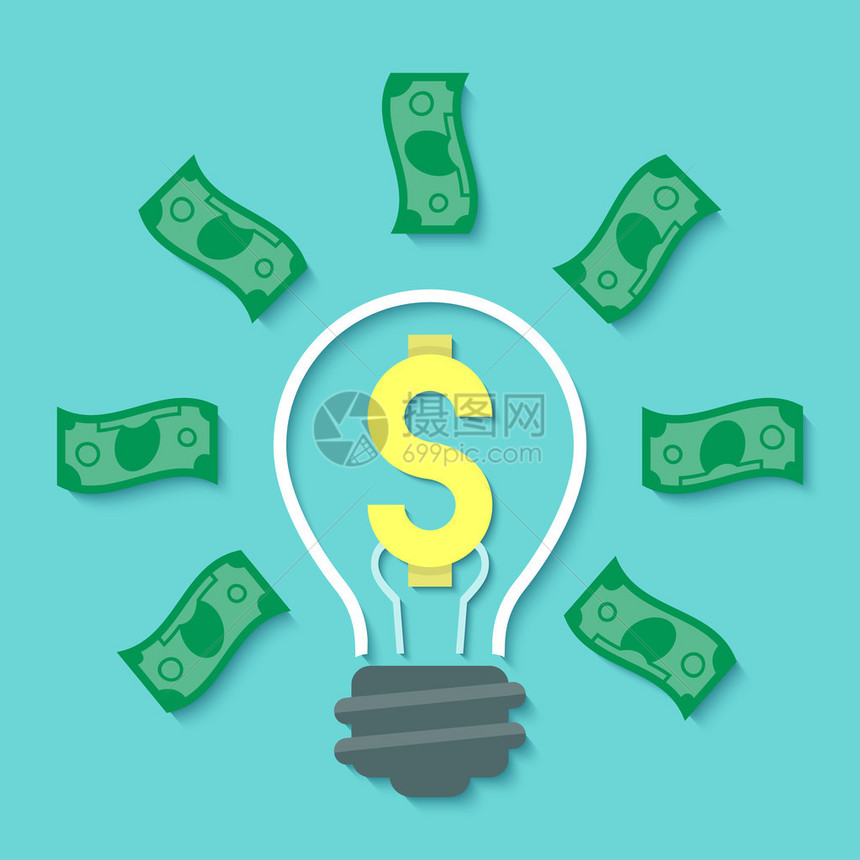 现代平面商业矢量概念的金钱理念与灯泡美元符号和美元钞票以光线的形式蓝色背景上带有软阴影的金融投资创图片