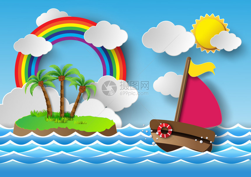 矢量插图帆船和云彩与虹papa图片