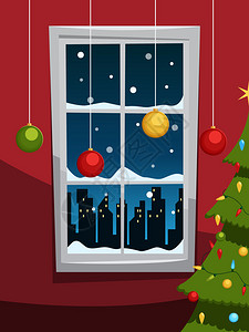 圣诞夜树和窗户插图矢量背景图片