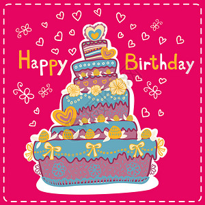 带蛋糕的粉红色生日贺卡图片