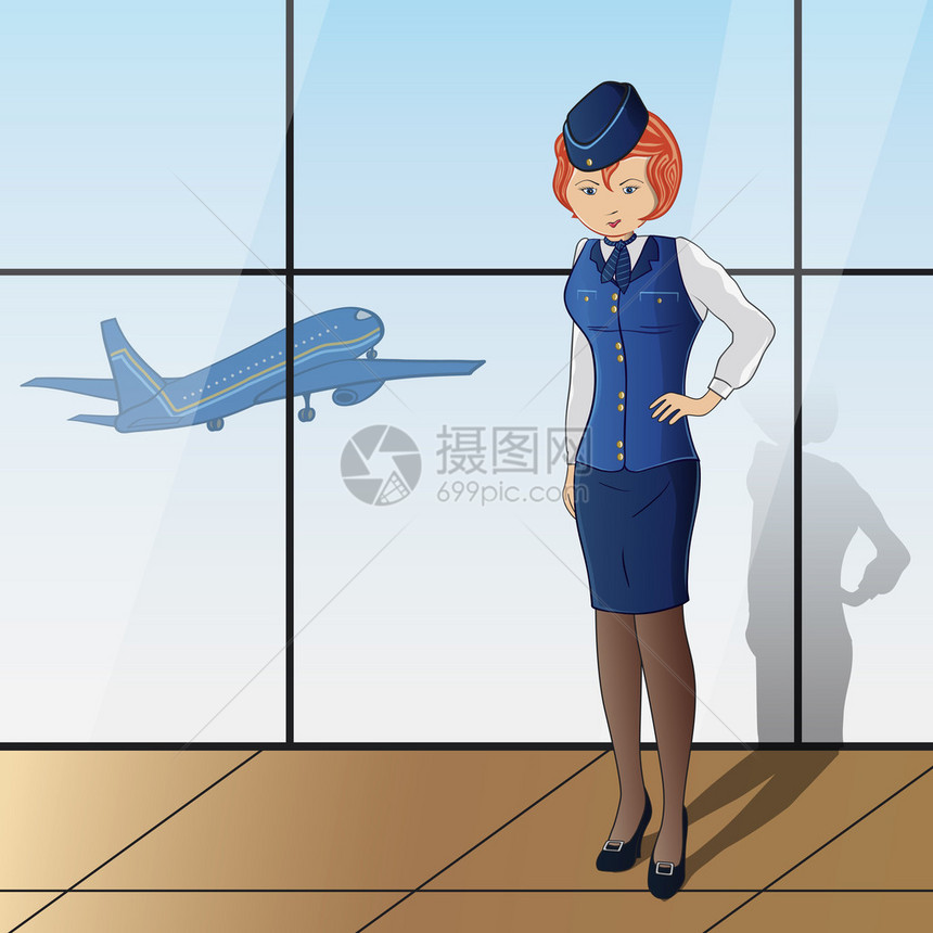 带玻璃和飞机的背景上穿蓝色制服图片