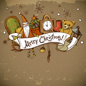 手绘新年和圣诞贺卡矢量图圣诞树礼物溜冰鞋时钟椅子圣诞老人手电筒泰迪背景图片