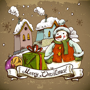 手绘新年和圣诞贺卡矢量图带有雪人礼物和房背景图片